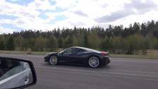 Uncut Ferrari 458 Italia vs Mercedes CLS63 AMG V8 BiTurbo (three people in the Mercedes)