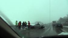 Crashed Porsche Boxster on German Autobahn in the snow: be careful in snow and in the wet